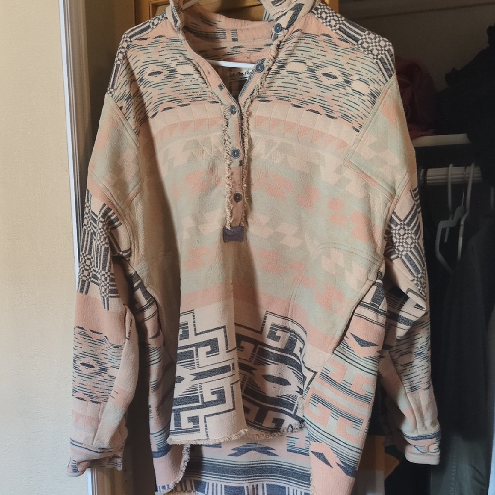 FP Movement by Free People Aztec Print Peach and Navy Pullover Hoodie